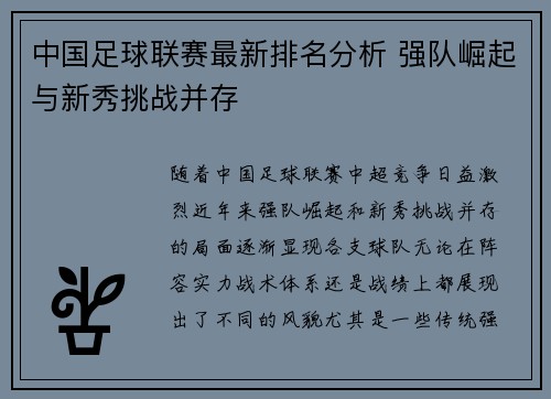 中国足球联赛最新排名分析 强队崛起与新秀挑战并存