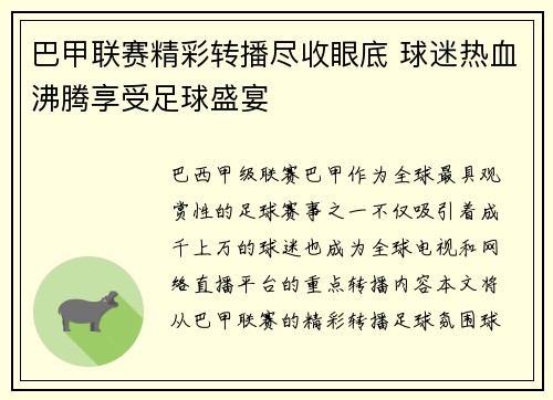 巴甲联赛精彩转播尽收眼底 球迷热血沸腾享受足球盛宴
