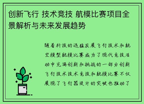 创新飞行 技术竞技 航模比赛项目全景解析与未来发展趋势
