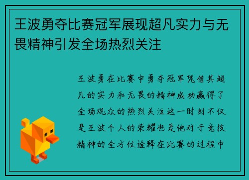 王波勇夺比赛冠军展现超凡实力与无畏精神引发全场热烈关注