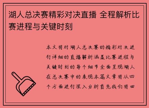 湖人总决赛精彩对决直播 全程解析比赛进程与关键时刻