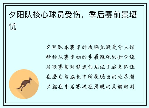 夕阳队核心球员受伤，季后赛前景堪忧