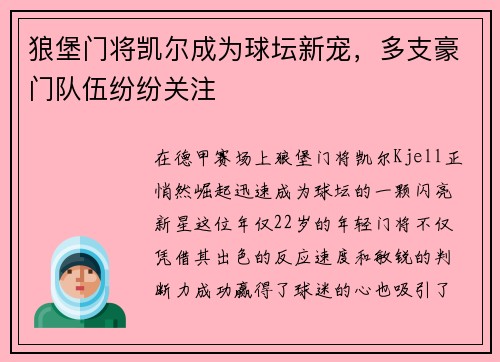 狼堡门将凯尔成为球坛新宠，多支豪门队伍纷纷关注